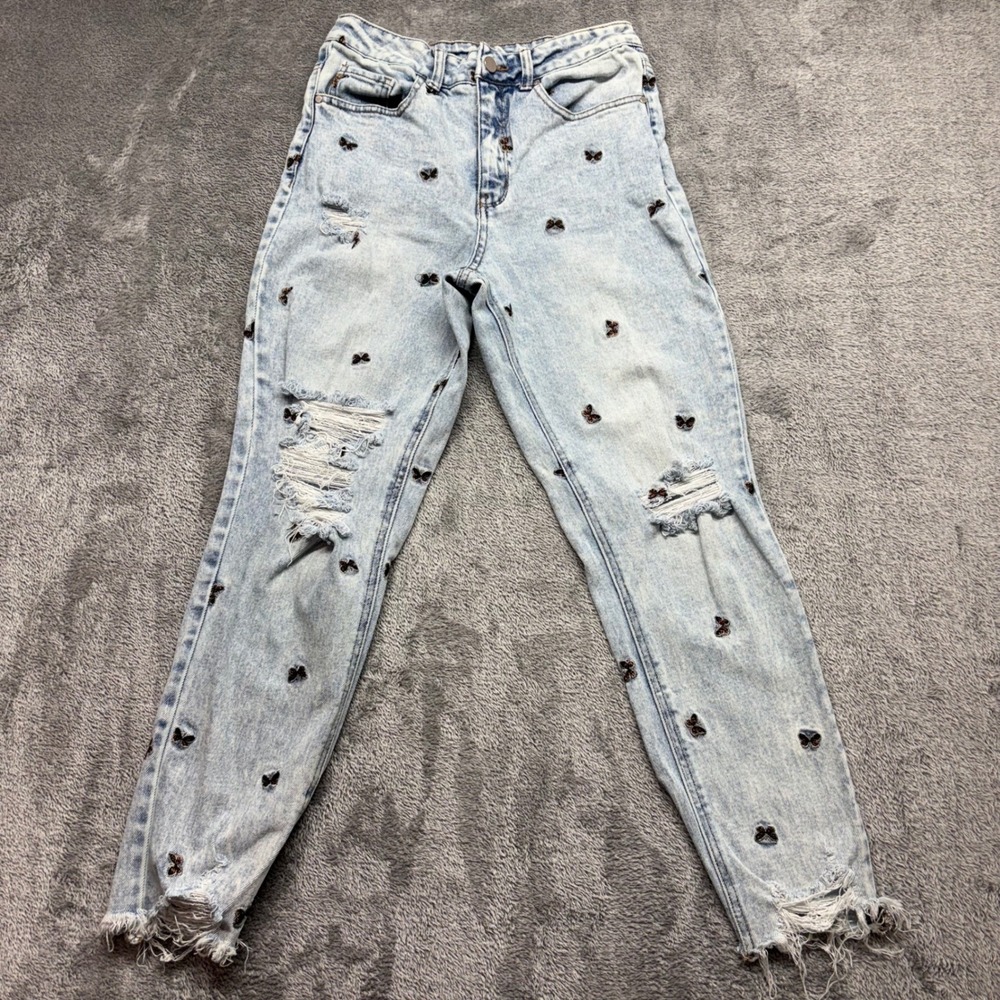 Material Girl Butterfly Jeans Womens 5 Light Blue Good Distressed Zip Fly
